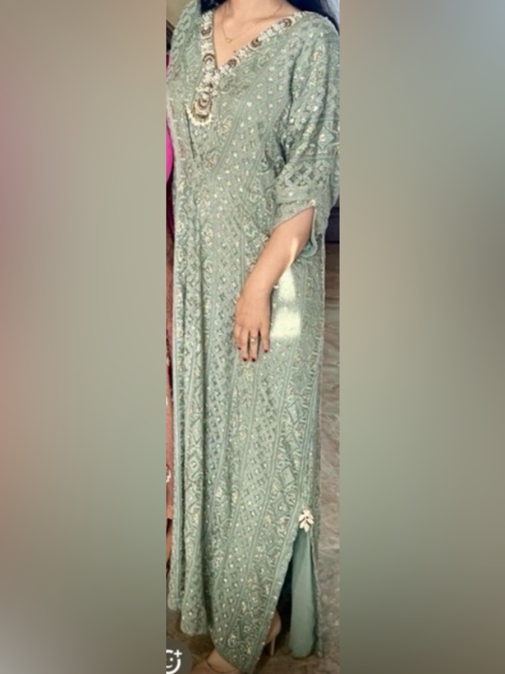 Elegant Green Embellished Kaftan Dress